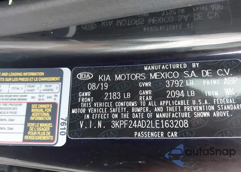 2020 Kia Forte Lxs from USA, damaged, VIN 3KPF24AD2LE163208